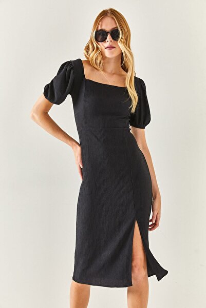 Olalook Kadın Siyah Yırtmaçlı Sırt Dekolteli Midi Elbise ELB-19001934