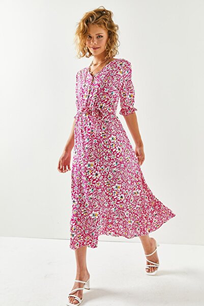 Olalook Kadın Fuşya Sarı Beyaz Düğmeli Kuşaklı Kol Detaylı Dokuma Viskon Elbise ELB-19001524