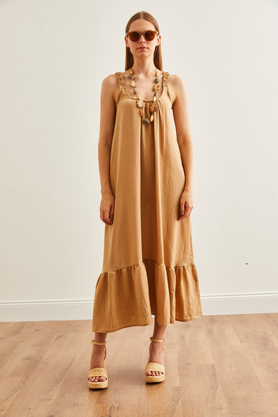 Olalook Γυναικείο Maxi φόρεμα Camel Color Oversize - υφαντό με τιράντες ELB-19002235