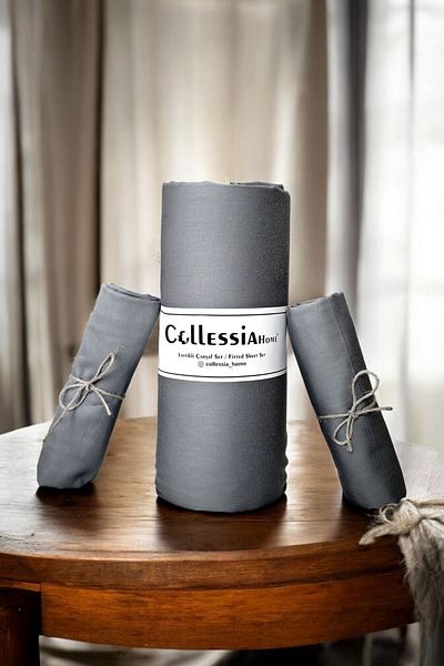 COLLESSİA 100% Cotton Satin Fitted Double Elastic Sheet Set Sheet Set with Pillow - Gray