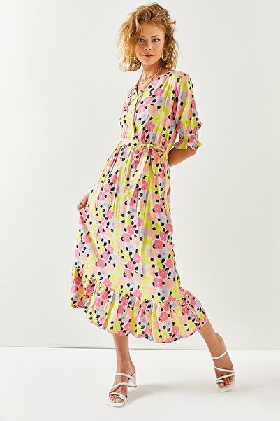 Olalook Γυναικείο κίτρινο ροζ κουμπιά ζωσμένο μανίκι Λεπτομερές υφασμένο φόρεμα βισκόζης ELB-19001524