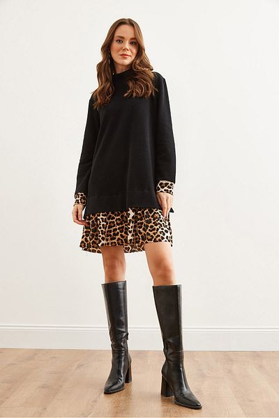 Olalook Schwarzes Thessaloniki-Kleid mit Leopardenverzierung für Damen ELB- 19000965