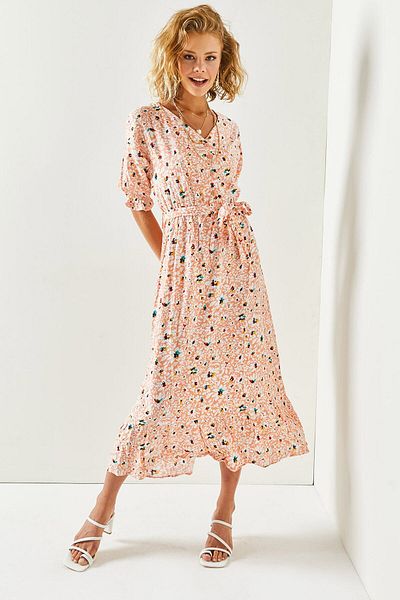 Olalook Women's Salmon White Buttoned Belted Sleeve Detailed Woven Viscose Dress ELB-19001524