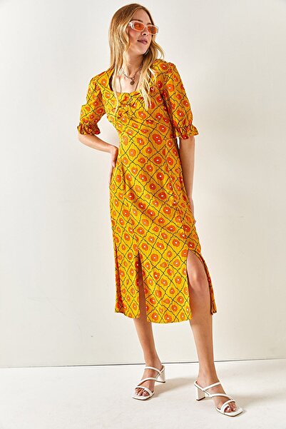 Olalook Women's Mustard Sweetheart Collar Double Slit Woven Viscose Dress ELB-19001936