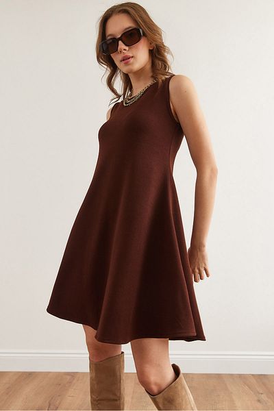 Olalook Women's Brown Crew Neck Flared Knitted Crepe Dress Elb- 19002347
