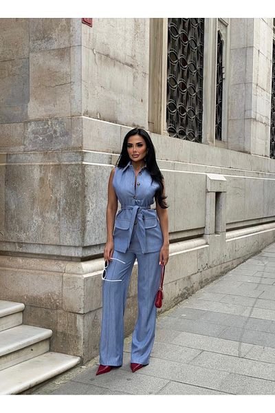 LB Laluna Butik Set vestă și pantaloni pentru femei, cu aspect denim