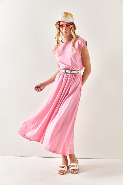 Olalook Women's Pink Bat Cotton Dress with Elastic Waist ELB-19001509