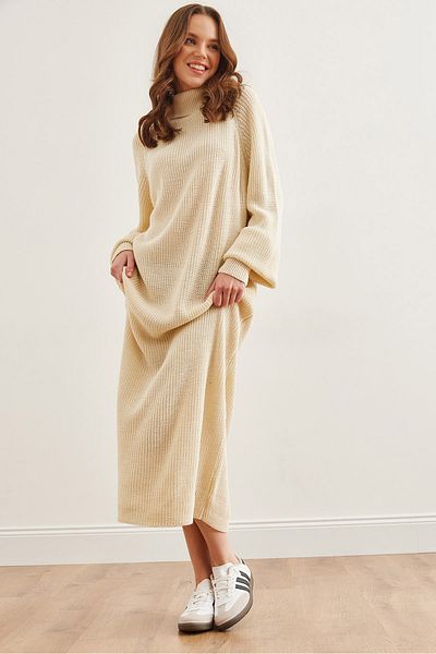 Olalook Women's Ecru Turtleneck Maxi Knitwear Dress Elb- 19002300
