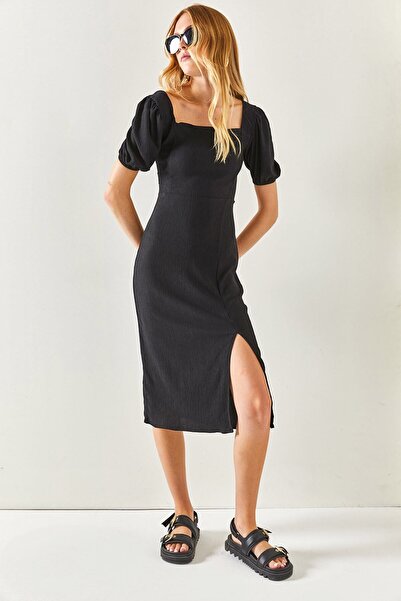 Olalook Kadın Siyah Yırtmaçlı Sırt Dekolteli Midi Elbise ELB-19001934