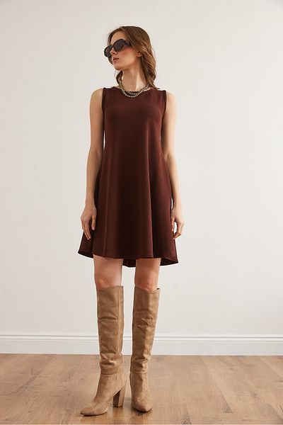 Olalook Women's Brown Crew Neck Flared Knitted Crepe Dress Elb- 19002347
