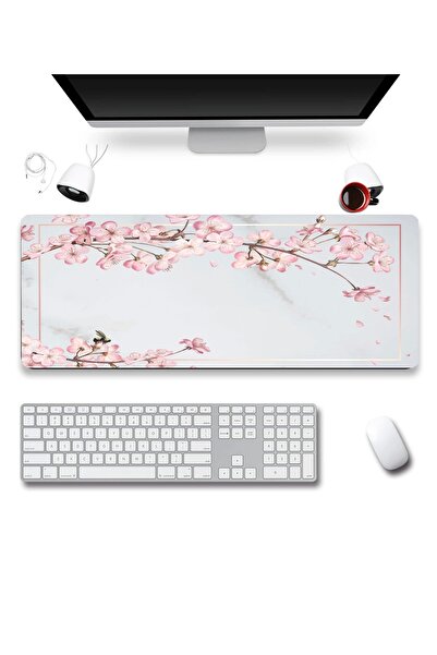 SonicTouch UltraGrand Bahar Dalları Gri Pembe Dikişsiz Xxl Gaming Oyuncu Masaüstü Klavye Mouse Pad 40x90Cm