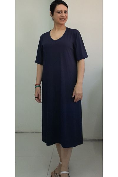 Mertcan Butik Μπλε ναυτικό κοντομάνικο φόρεμα βισκόζης με λαιμόκοψη V