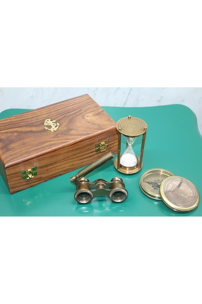 TTT بوصلة نحاسية مع صندوق خشبي، ساعة رملية، مجموعة مناظير
