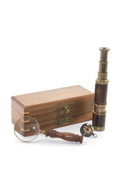 TTT Wooden Box Brass Compass, Binoculars, Magnifying Glass, Set Model 2