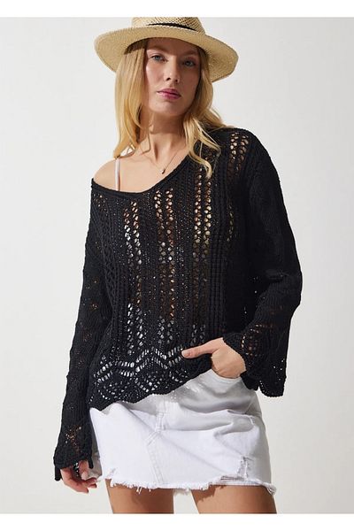 K-ODEA BUTİK Black Openwork Spanish Sleeve Seasonal Knitwear Sweater