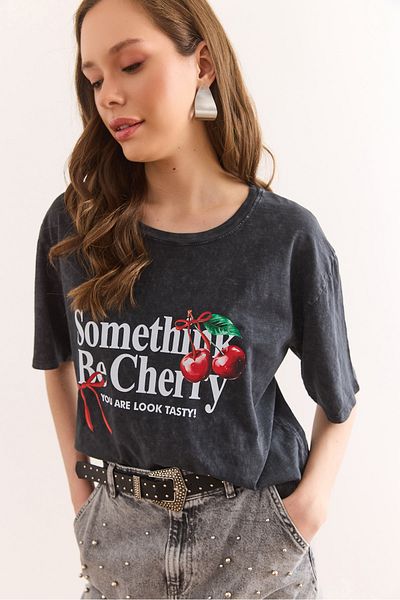 Olalook Γυναικείο μπλουζάκι Anthracite Cherry Washed TSH-19000883