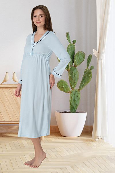 CT MODA Cămașă de noapte pentru maternitate, din bumbac, cu mânecă lungă, cu design special, cu detaliu albastru