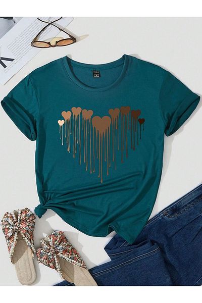 VBSVİBES Tricou verde petrol cu ​​imprimeu cu inimi de topire - Tricou supradimensionat cu decolteu