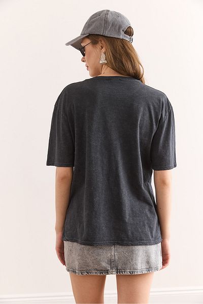 Olalook Tricou de damă, antracit, cu fundă leopard, cu paiete, spălat, TSH-19000880