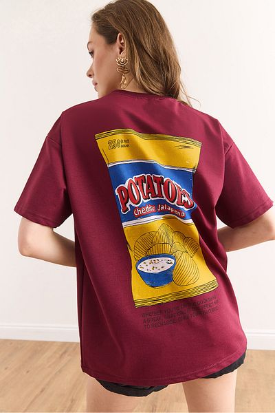 Olalook Tricou Chips de damă, roșu claret, cu imprimeu în față și în spate, cu 2 fire, TSH-19000887
