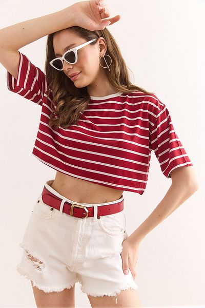 Olalook Women's Red Striped Casual Crop T-Shirt Tsh-19000877