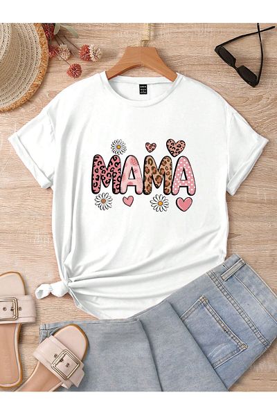 VBSVİBES Λευκό μπλουζάκι Leopard Mama με στάμπα μονό ζέρσεϋ - Μπλουζάκι με λαιμόκοψη μεγάλου μεγέθους