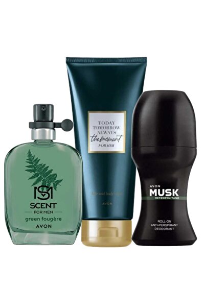 AVON Scent Green Fougere Parfüm, Tta The Moment Saç Vücut Şampuanı ve Musk Metropolitano Rollon Paketi