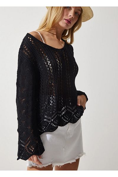 K-ODEA BUTİK Black Openwork Spanish Sleeve Seasonal Knitwear Sweater