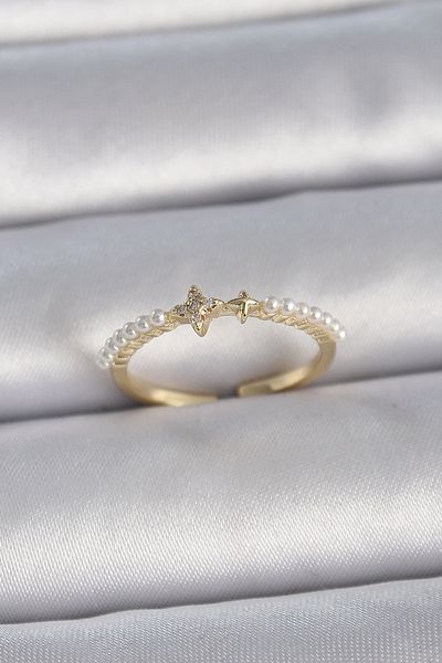 Skygo Brass Gold Color Zircon Stone Star Row Pearl Adjustable Model Women's Ring - Tj-Byk3366