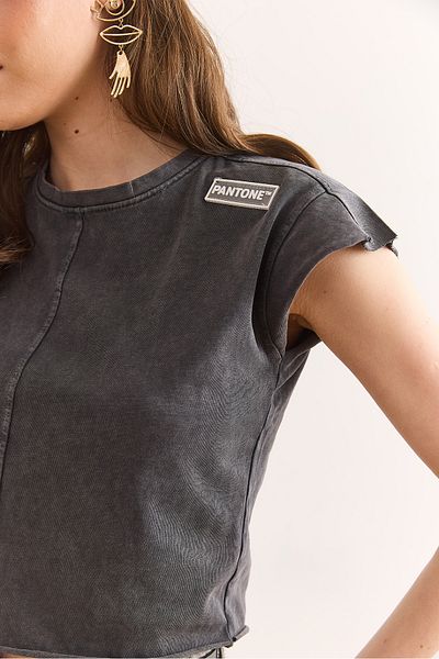 Olalook Women's Anthracite Garnished Washed Crop T-Shirt Tsh-19000881