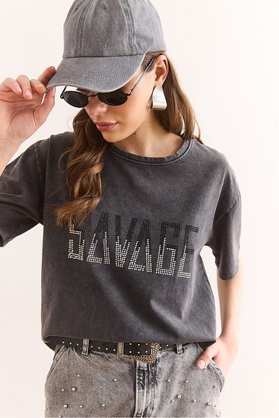Olalook Γυναικείο μπλουζάκι με στάμπα Anthracite Savage Sequin Washed TSH-19000884