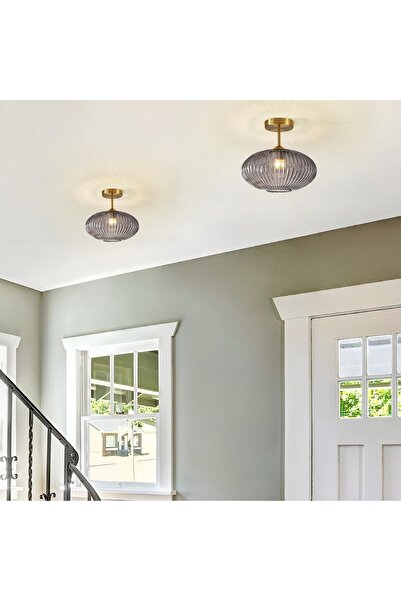 ASR Modern Gri Cam Altın Aksesuarlı Tavan Aydınlatma Avize