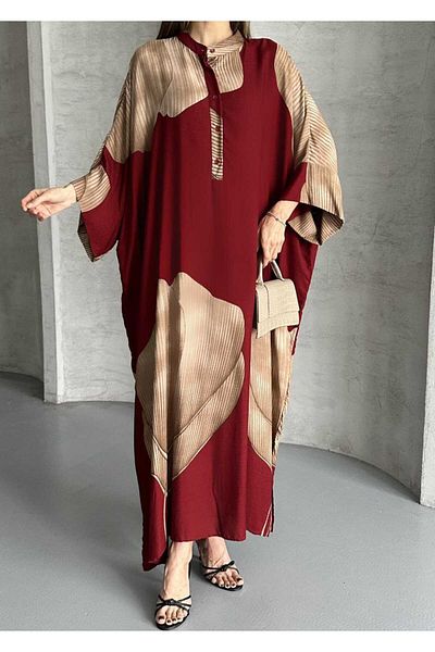 QUAWEAR Round Crew Neck Bat Sleeve Off Shoulder Print Full Length Dress