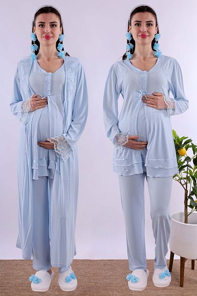 ByLohusa Set de pijamale de maternitate pentru gravide Effortt Blue Peignoir