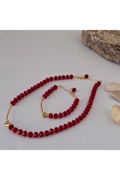 azra takı tasarım طقم قلادة وسوار قصير للنساء مصنوع يدويًا من الكريستال الأحمر العنابي