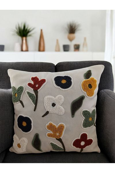 Home 43X43 cm Floral Patterned Punch Embroidered Throw Pillow Cover