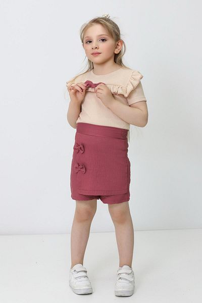 RAPİDO LİFE Girl's Double Set Summer Bow Tie Ruffle T-Shirt Shorts Skirt