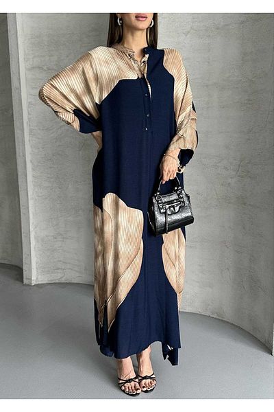 QUAWEAR Round Crew Neck Bat Sleeve Off Shoulder Print Full Length Dress