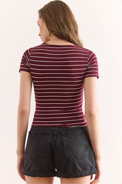 Olalook Tricou din bumbac elastic cu guler pătrat cu dungi bordeaux TSH-19000886