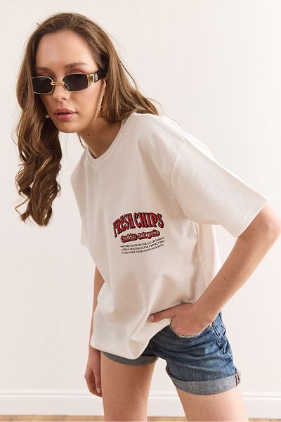 Olalook Tricou Chips pentru femei, alb, cu imprimeu în față și în spate, cu 2 fire, TSH-19000887
