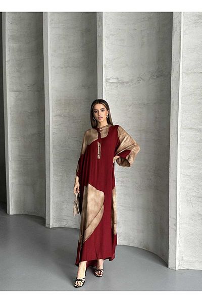 QUAWEAR Round Crew Neck Bat Sleeve Off Shoulder Print Full Length Dress