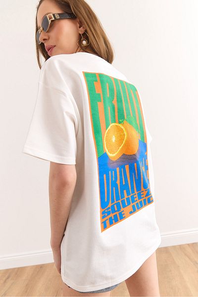 Olalook Women's Orange White Front Back Printed Comfortable Fit 2 Thread T-Shirt Tsh-19000887
