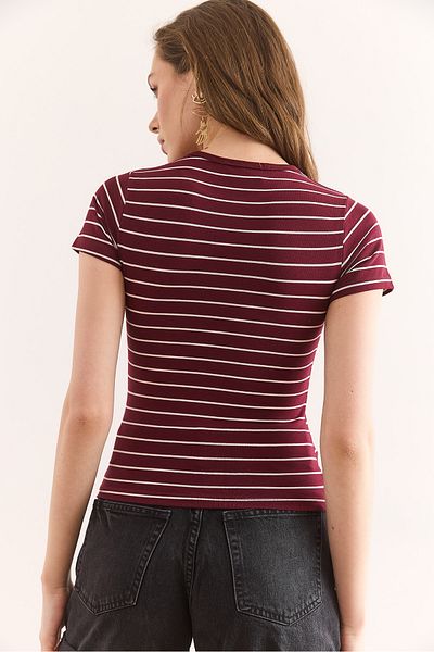 Olalook Tricou de damă din bumbac cu dungi cu gât roșu Claret TSH-19000888