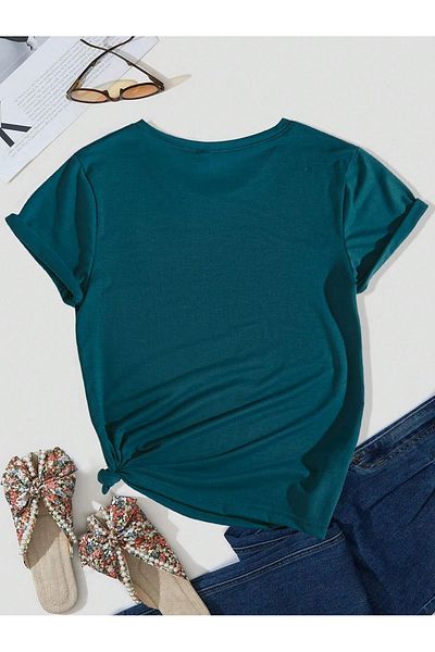VBSVİBES Tricou verde petrol cu ​​imprimeu cu inimi de topire - Tricou supradimensionat cu decolteu