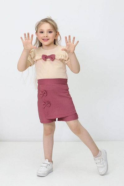 RAPİDO LİFE Girl's Double Set Summer Bow Tie Ruffle T-Shirt Shorts Skirt