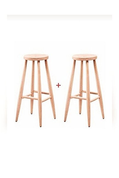 CLK TEKSTİL Ahşap Yüksek Yuvarlak Bar Tabure Sandalye 2'li Ahşap Ham