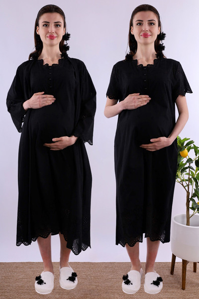 ByLohusa Effortt Siyah Fistolu Sabahlıklı Hamile Lohusa Gecelik Takım