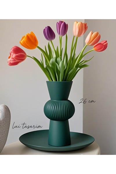 Lui Tasarım Uzun Yeşil Bohem Büyük Boy Seramik Nordic Tarz Şık Sade İskandinav Tarzı Vazo Seramik 26cm