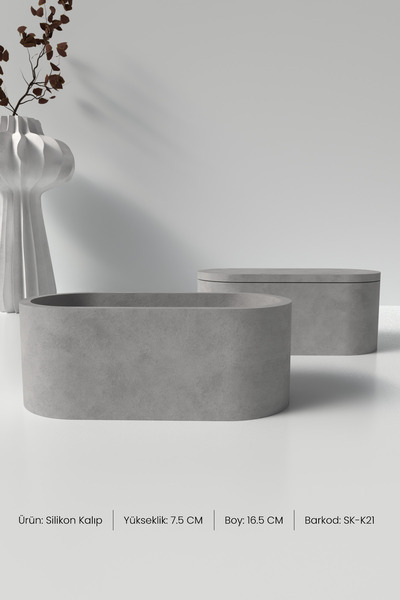 Cageartstudio Kapaklı Büyük Oval Beton Saksı ve Mumluk Silikon Kalıp K21 - Oval Mumluk Silikon Kalıp K21