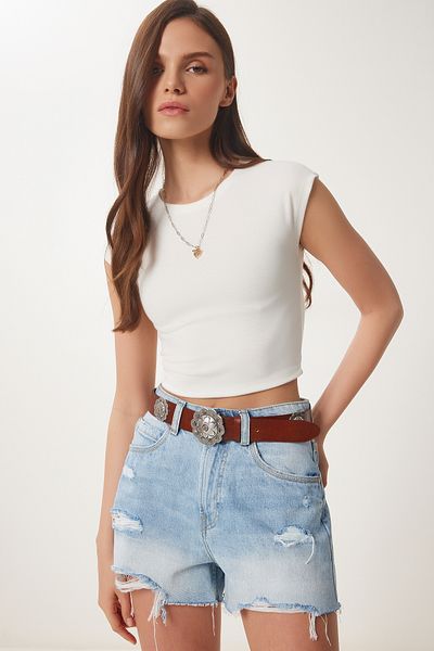 Lovelyİstanbul Basic Crop Knitted Blouse Bone Lfw0005